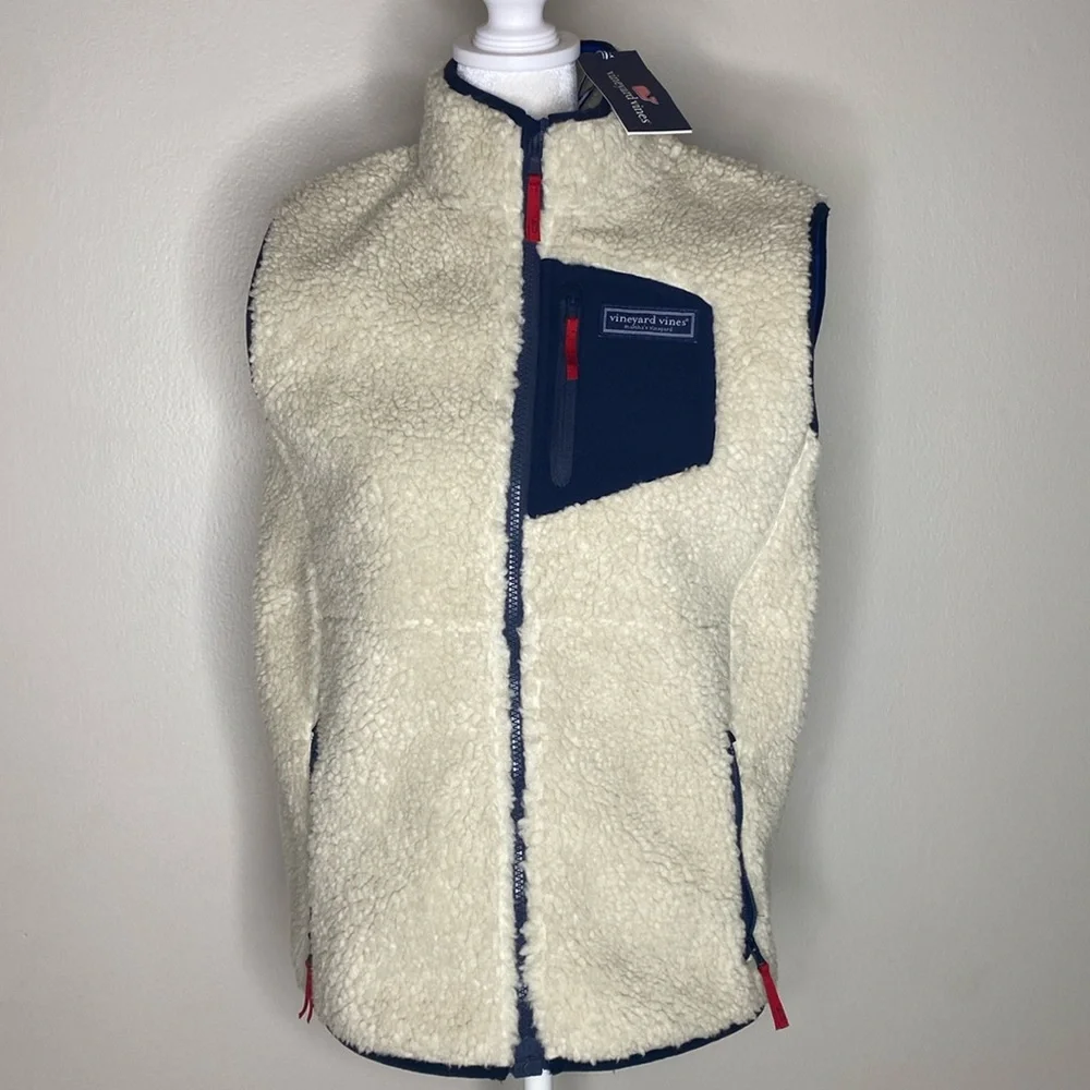 Vineyard Vines Cream Sherpa Vest with Navy Trim